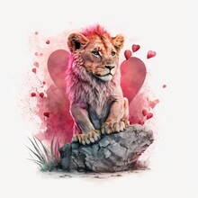  A Lion Sitting On A Rock With Hearts In The Background And A Watercolor Painting Of It's Face And Chest, With A Pink Background Of Hearts, And A White Background,. Generative Ai