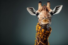  A Giraffe With A Scarf Around Its Neck Looking At The Camera With A Black Background Behind It And A Gray Background Behind It, With A Black Background With A Gray Back Drop. Generative Ai