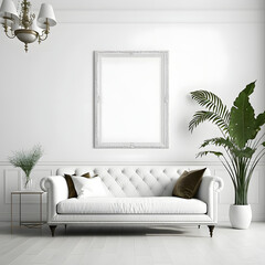 Blank poster frame mockup in modern white clean interior furniture, living room, modern contemporary style, minimalistic