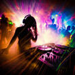Disco Party Club DJ Lichter Laser Mischpult Konfetti gute Stimmung feiern nachts tanzen Generativ KI