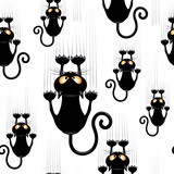 Fototapeta Pokój dzieciecy - Funny and Confused Naughty Cat Cartoon Character hanging on, and scratching fabric, or curtain, or wall. Assembled to compose a Vector Seamless Repeat Pattern Background. 

