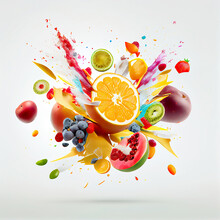Assortment Of Different Exotic And Fantastic Fruits And Berries, Mixed Fruit Falling And Exploding In Colorful Juices Splashing Made With Generative AI