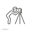 land surveyor icon, measure with alignment laser tripod, engineering survey specialist, geodesy work, thin line symbol - editable stroke vector illustration