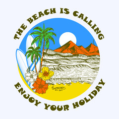 summer tropical retro beach, sunshine beach, summer beach sunshine vector print design artwork, take me to the sunshine, Beach Paradise Print T-shirt Graphics Design, typography slogan on palm trees 