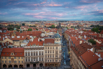 Poster - Aerial view of Malostranske Namesti Square at sunset with Lesser Town Bridge Tower - Prague, Czech Republic