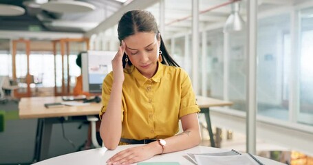 Wall Mural - Headache, stress and tired business woman in office reading financial, finance or budget documents. Fatigue, sad and confused corporate worker or employee pain, overworked and mental health problem