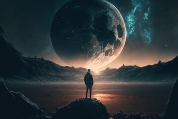 a lonely man against the background of a lonely moon and stars looks into the distance