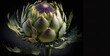 Artichoke blooming on a black background, artichoke from the Britany in France. Copy space. Illustration, generative ai