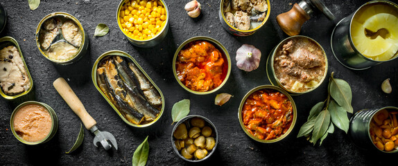 Poster - Canned food in various open cans with garlic cloves and Bay leaf.