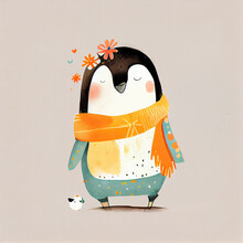 Children's Books Animal Illustration, Cute Penguin Children Illustration, Room Wall Prints. Generative AI