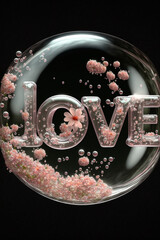 Wall Mural - word love in crystal bubble with cherry blossoms, valentines background , Generative AI	