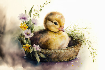 Wall Mural - Easter basket with chick and flowers watercolor, Generative AI
