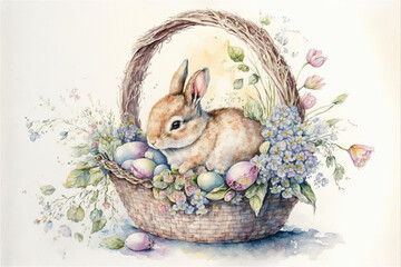 Wall Mural - Easter basket with bunny, eggs and flowers watercolor, Generative AI