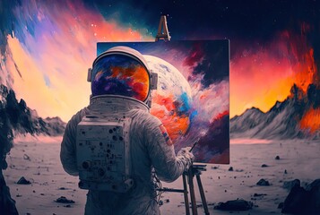 Wall Mural - illustration portrait of astronaut in artistic style, astronaut drawing outer space landscape with p