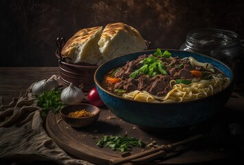 Wall Mural - close up illustration of  Kazakh Beshbarmak (Boiled meat with noodles)