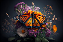 Monarch Butterfly (Danaus Plexippus) On A Different Kind Of Beautiful Flowers, Illustration Created With Generative AI Technology