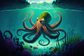 Wall Mural - Angry octopus in turquoise water