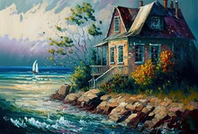 Oil Painting Style Beautiful Illustration Coastal Seascape Sweet Home With Nobody