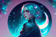 Dreamy Celestial, Art Nouveau Woman - Generative AI Image