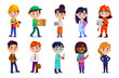 © Microstocker.Pro - Set of cute kids in different occupation costumes isolated on white background. Boy and girl characters in different job outfits: chef, doctor, teacher, officer, etc. Cartoon style vector illustration