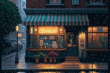 Pixel Art Coffee Shop Front Scene On Rainy Day, Background In Retro Style For 8 Bit Game, Generative AI