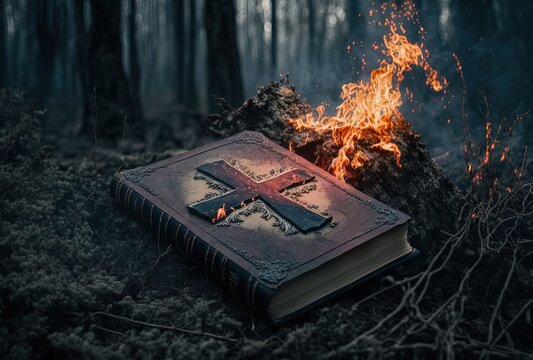 fire flame on holy bible book with nature background, idea for bible destroy or holy spirit represen