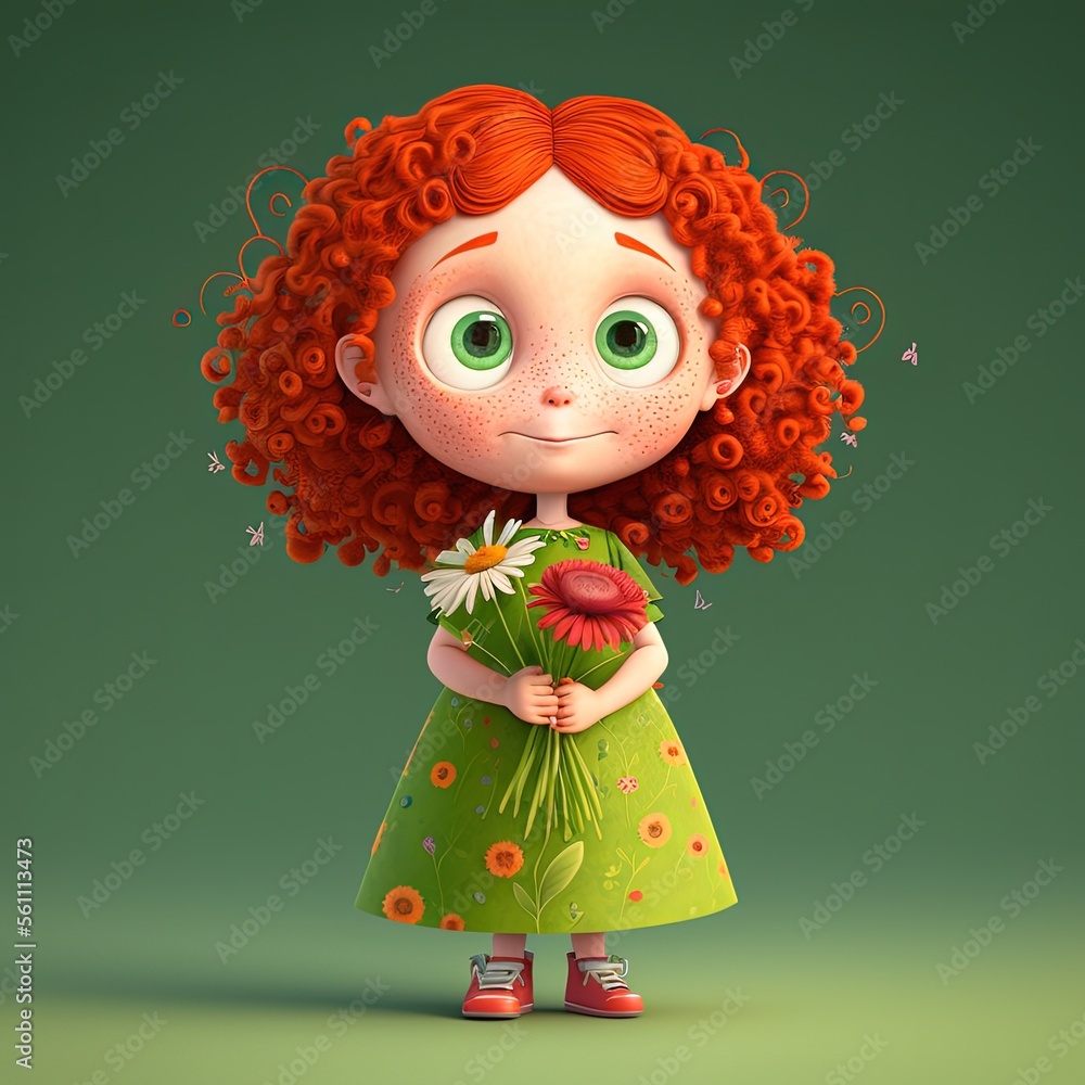 Cute Cartoon Red Haired Girl in a Green Dress Holding Flowers (Generative  AI) Stock Illustration | Adobe Stock