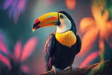 Illustration Of Beautiful Toucan Bird With Big Yellow Beak Contrast On Colorful Blur Nature Background, Idea For Tropical Or Summer Theme 