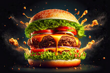 Double Aetizing Burger With Flowing Juicy Sauce, Tomato Slices And Green Lettuce