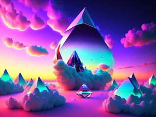 Wall Mural - surreal crystals landscape, pastel and neon - generative ai image