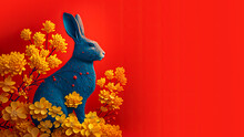 Chinese New Year 2023 Year Of The Rabbit. Blue Bunny Rabbit With Yellow Flowers On Red Background. Generative Ai