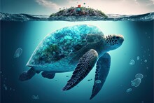  A Turtle Swimming In The Ocean With A Small Island In The Background And A Red Lighthouse On Top Of It's Head In The Water, With Bubbles And A Coral Reef In The Foreground.