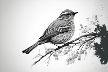 Sticker -  a bird sitting on a branch with flowers on it's side and a white background behind it, with a black and white drawing of a bird on the branch with white background,.