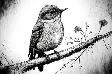 Sticker -  a bird sitting on a branch with a flower in the background and a white background behind it, with a black and white drawing of a bird on the branch with a white background,.