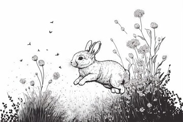 Sticker -  a rabbit jumping over a field of flowers and grass with a butterfly flying above it, in a black and white drawing or ink art style, on paper, with a white background,.