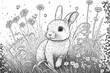 a rabbit sitting in the grass with flowers around it and a sky background with flowers and grass and flowers around it, and a white background with a black outline of a rabbit's.