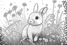  A Rabbit Sitting In The Grass With Flowers Around It And A Sky Background With Flowers And Grass And Flowers Around It, And A White Background With A Black Outline Of A Rabbit's.