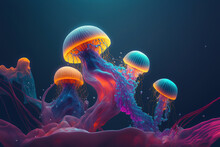 Multiple Jellyfish In Ocean, Ocean Animals, Art Illustration 