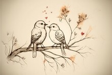  Two Birds Sitting On A Branch With Leaves And Flowers In The Background, One Of Which Is Kissing The Other Is Kissing The Other Bird With Its Beaks Nose To The Other Hand,.