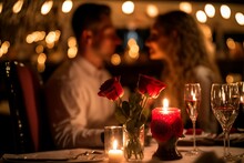 Valentine's Day Romantic Dinner: Candlelit Table Decorated With Red Roses, Champagne, Surrounded By Soft Candlelight, Blur Of Couples Celebrating Love And Togetherness