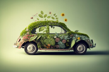 Wall Mural -  a car with a plant growing on the side of it's roof and door window, is shown in a green background with flowers and leaves and grass growing on the roof of the side.