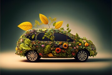 Poster -  a car with a bunch of plants on top of it's roof and wheels, with leaves and flowers on the roof of the top of the car, and a green background,.