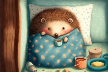 A Hedge Is Sleeping In A Bed With A Cup Of Coffee And A Blanket On It's Side, With A Blue Polka Dot Dot Pillow And A Blue Polka Dot Pillow And A Blue Mug.
