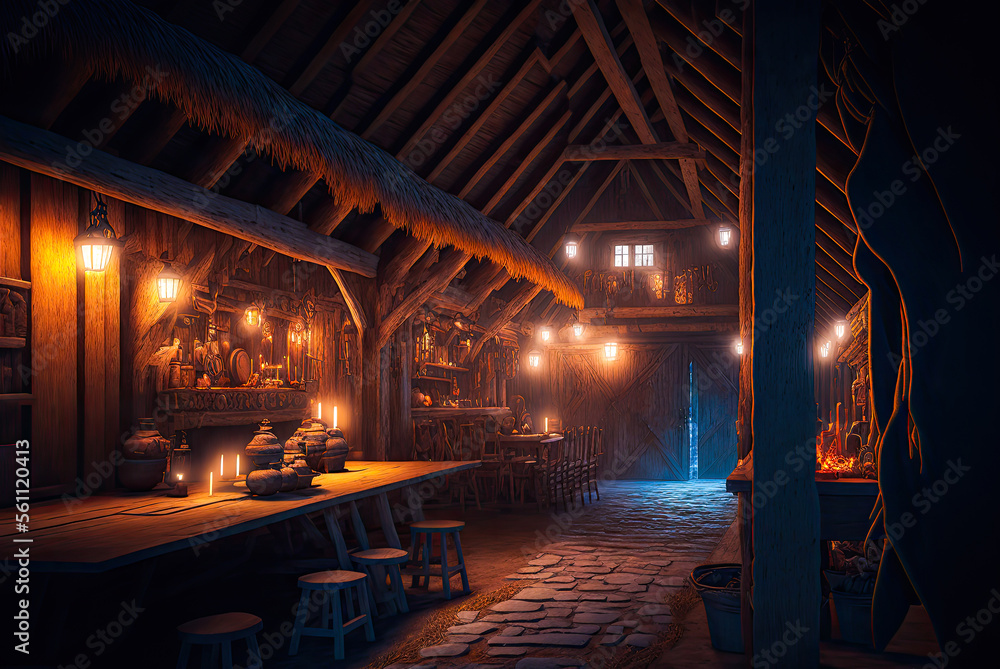 Viking longhouse interior. Generative AI Stock Illustration | Adobe Stock