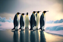 Several Emperor Penguin Stand On Ice On Edge Of Frozen Sea