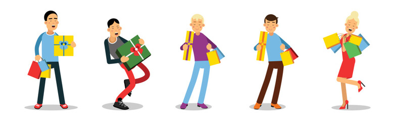 Sticker - Man and Woman Carrying Shopping Bags with Purchases Vector Set