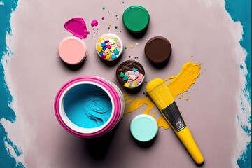 Sticker -  a paint can and some paint brushes on a table with some paint spilled on it and a cup of paint next to it with a yellow brush and a yellow cup with a pink lid.