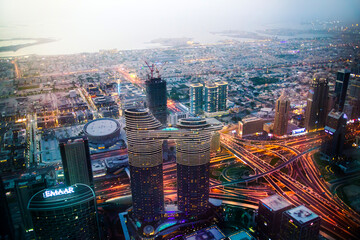 Sticker -  Dubai city at night, view with lit up skyscrapers and roads. Dubai, UAE 2022