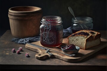 Sticker -  a loaf of bread and jam on a cutting board with a knife and a jar of jam on a table with a knife and a bowl of berries on the table next to it and a jar.