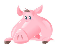 One Big Cartoon Face Of Hungry Pig With Tongue And Big Nose Isolated On White, Banner Head Of Pink Pig With Hoofs, Hungry Concept Illustration